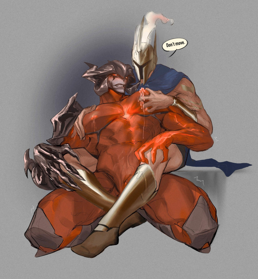 2boys aatrox abs bara brown_hair clothed_male_nude_male colored_skin cuntboy cuntboy_with_male curled_horns demon_boy demon_wings english_text full_body grabbing grabbing_from_behind helmet highres horns interspecies kneeling large_pectorals league_of_legends leg_lock male_focus male_lactation monster_boy multiple_boys muscular muscular_male nipples nude pantheon_(league_of_legends) pectoral_grab pectorals pussy red_skin speech_bubble thick_thighs thighs wings xkov_(cerberuskeeper)