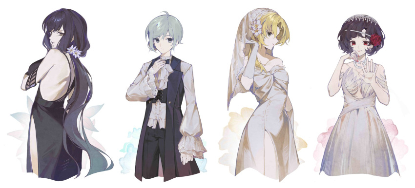 11q_qua 4girls ahoge arcana_(reverse:1999) ascot backless_dress backless_outfit bare_shoulders black_coat black_dress blonde_hair brown_hair closed_mouth coat commentary cowboy_shot cropped_legs dress druvis_iii elbow_gloves flower frilled_sleeves frills gloves grey_eyes grey_hair hair_bun hair_flower hair_ornament hand_on_own_chest hand_up highres long_hair looking_at_viewer maid_headdress multiple_girls off-shoulder_dress off_shoulder parted_lips purple_hair red_eyes red_nails reverse:1999 schneider_(reverse:1999) shirt short_hair side_slit simple_background single_side_bun strapless strapless_dress veil vertin_(reverse:1999) white_ascot white_background white_dress white_flower white_gloves white_shirt yellow_eyes