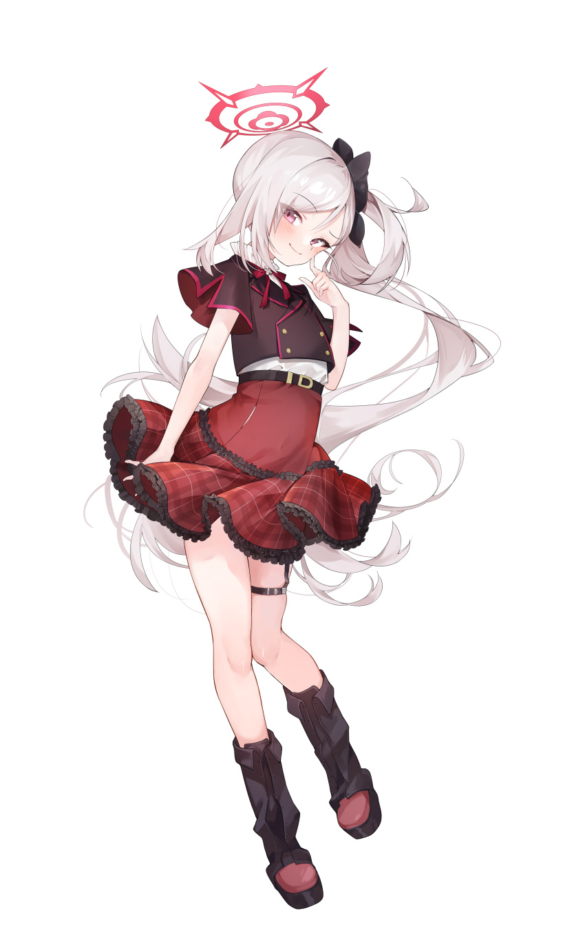 1girl absurdres black_footwear black_shirt blue_archive blush boots closed_mouth eme_(emeralda) frilled_skirt frills full_body grey_hair halo highres long_hair looking_at_viewer mutsuki_(blue_archive) red_eyes red_halo red_skirt shirt short_sleeves side_ponytail simple_background skirt smile solo white_background