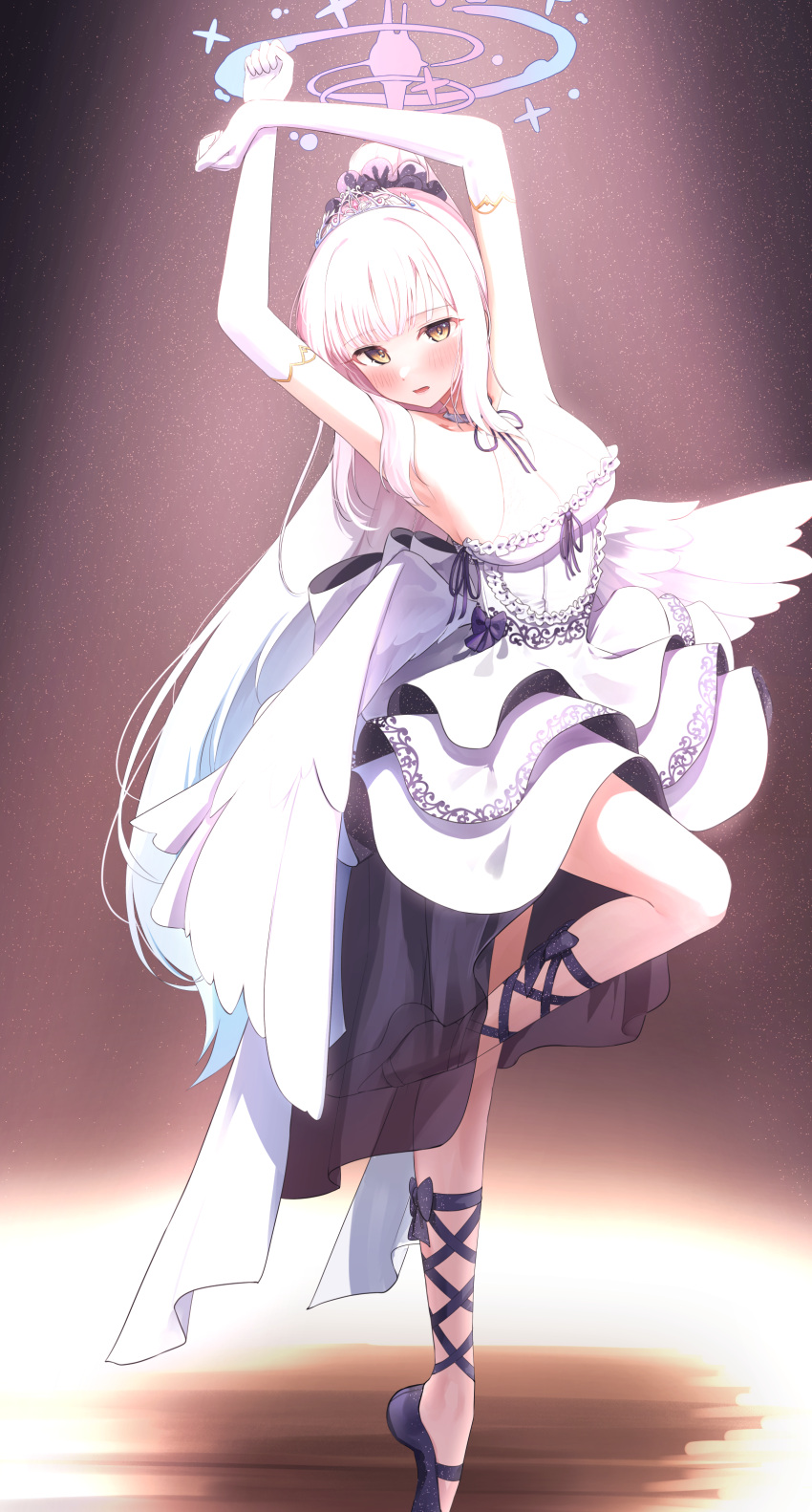 1girl absurdres angel_wings armpits ballerina ballet black_footwear blue_archive blush breasts daran9 dress elbow_gloves feathered_wings gloves halo highres large_breasts long_hair looking_at_viewer mika_(blue_archive) open_mouth pink_hair pink_halo shoes solo white_dress white_gloves white_wings wings yellow_eyes