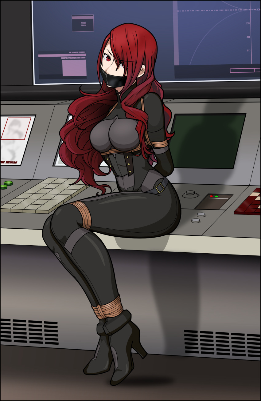 1girl absurdres arms_behind_back bdsm bodysuit bondage bound breasts computer gag hair_over_one_eye high_heels highres just_some_guy kirijou_mitsuru long_hair monitor persona persona_3 red_eyes red_hair restrained sitting skin_tight uniform