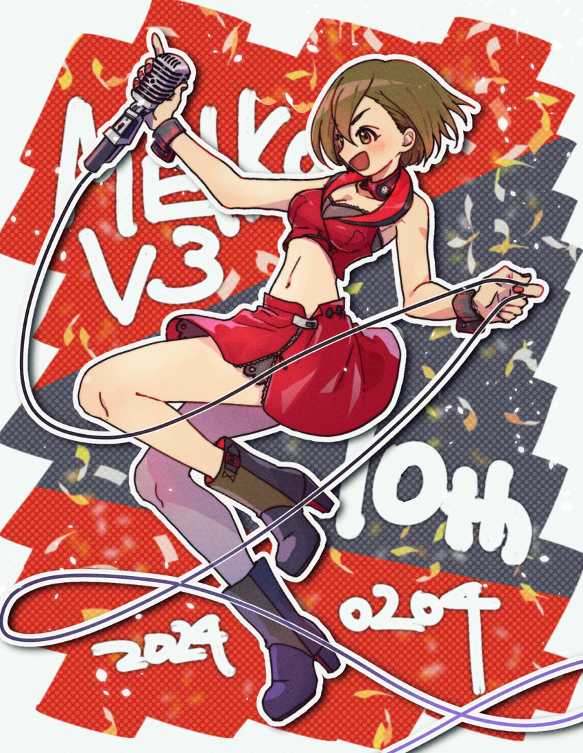 0001amedama 1girl anniversary black_background black_bra black_footwear boots bra bracelet braid breasts brown_eyes brown_hair cable character_name choker cleavage crop_top dated halftone highres holding holding_cable holding_microphone jewelry large_breasts light_blush meiko_(vocaloid) meiko_(vocaloid3) microphone navel open_mouth outline red_background red_choker red_nails red_skirt red_vest short_hair single_braid skirt smile solo thighs underwear vest vocaloid white_background white_outline