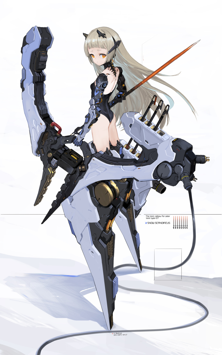 1girl akefumi arms_at_sides ass black_leotard blunt_bangs breasts cable english_text from_behind grey_hair headgear highres holding holding_polearm holding_weapon leotard long_hair looking_at_viewer looking_back machinery mecha_musume mechanical_arms mechanical_legs mechanical_spine motor_vehicle orange_eyes original polearm science_fiction sideways_glance simple_background small_breasts very_long_hair weapon white_background