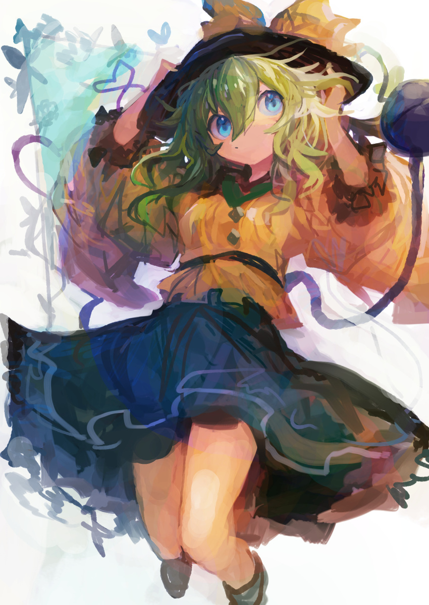 1girl absurdres black_footwear black_headwear blue_eyes buttons closed_mouth collared_shirt diamond_button green_hair green_skirt hair_between_eyes hat hat_ribbon highres kaamin_(mariarose753) komeiji_koishi long_sleeves medium_hair ribbon shirt shoes skirt solo third_eye touhou yellow_ribbon yellow_shirt