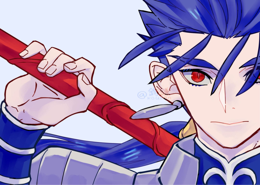 1boy armor blue_background blue_hair closed_mouth cu_chulainn_(fate) cu_chulainn_(fate/stay_night) earrings expressionless fate/stay_night fate_(series) fingernails gae_bolg_(fate) highres holding holding_polearm holding_weapon jewelry kouren_(k01_numa) long_hair looking_at_viewer low_ponytail male_focus polearm portrait red_eyes shoulder_armor simple_background solo straight-on twitter_username weapon