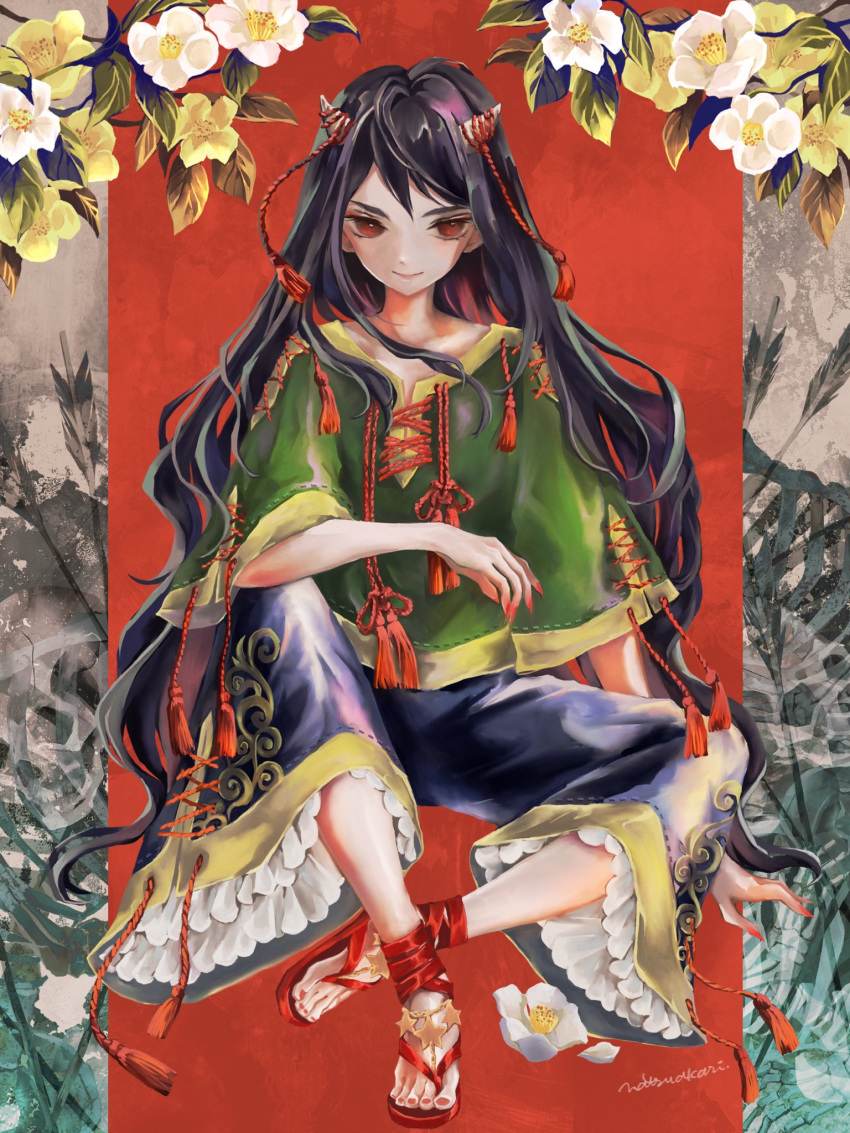 1girl black_hair blue_pants capelet feet flower green_capelet highres looking_at_viewer natsuakari nippaku_zanmu pants red_eyes red_footwear red_nails smile solo toeless_footwear toes touhou white_flower