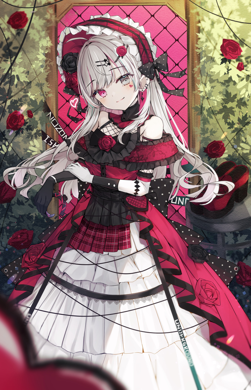 1girl absurdres alternate_costume asymmetrical_gloves black_dress bonnet commentary_request dress facial_mark flower frilled_dress frills grey_eyes grey_hair haidollo heart heart_facial_mark heterochromia highres ishigami_nozomi lolita_fashion long_dress long_hair nijisanji pink_eyes red_dress red_flower red_rose rose shoes smile solo unworn_shoes virtual_youtuber white_dress