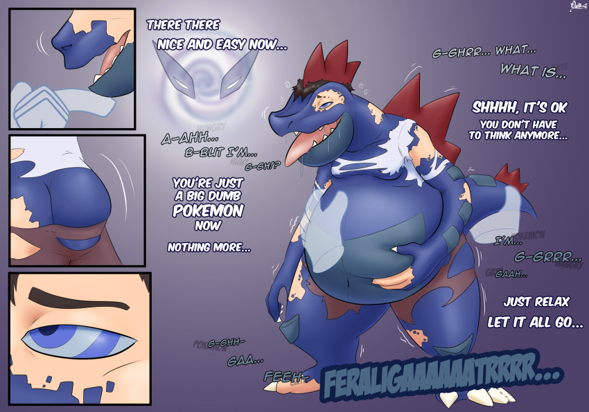 belly belly_expansion big_belly blue_body blue_scales bodily_fluids brown_hair bursting_out_of_clothing clothing confusion crocodilian dialogue diethyl disembodied_hand drooling english_text expansion feral feraligatr generation_2_pokemon ghost_hands growth hair hi_res human human_to_feral hypnosis identity_death intelligence_loss loss_of_speech male mammal mid_transformation mind_alteration mind_control nintendo nude overweight overweight_feral overweight_male pokemon pokemon_(species) pokemon_speak reptile ringed_eyes saliva scales scalie snout snout_growth solo species_transformation tail tail_growth tail_tenting text tongue tongue_out torn_clothing transformation transformation_sequence verbal_reaction_to_tf weight_gain