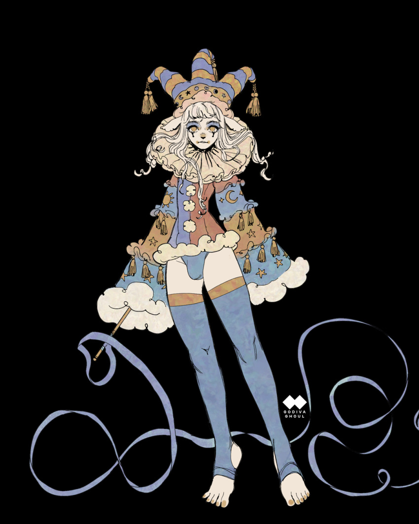 1girl animal_ears arms_at_sides artist_logo artist_name black_background blonde_hair blue_eyeshadow blue_leotard blue_shirt blue_thighhighs blunt_bangs bulge closed_mouth crescent_print eyeliner eyeshadow facepaint feet flat_chest floating floating_hair full_body fur-trimmed_headwear fur-trimmed_sleeves fur_trim futanari goat_ears goat_girl godiva_ghoul groin gymnastics_ribbon hair_flowing_over hat highres jester jester_cap legs_apart leotard limited_palette long_hair looking_at_viewer makeup multicolored_shirt nail_polish narrow_waist neck_ruff original parted_lips pom_pom_(clothes) rammy_the_jester_(godiva_ghoul) red_shirt shirt short_bangs simple_background sleeves_past_fingers sleeves_past_wrists solo star_(symbol) star_print stirrup_legwear striped_clothes striped_headwear tassel tassel_hat_ornament teeth thighhighs toeless_legwear toenail_polish toenails toes yellow_eyes