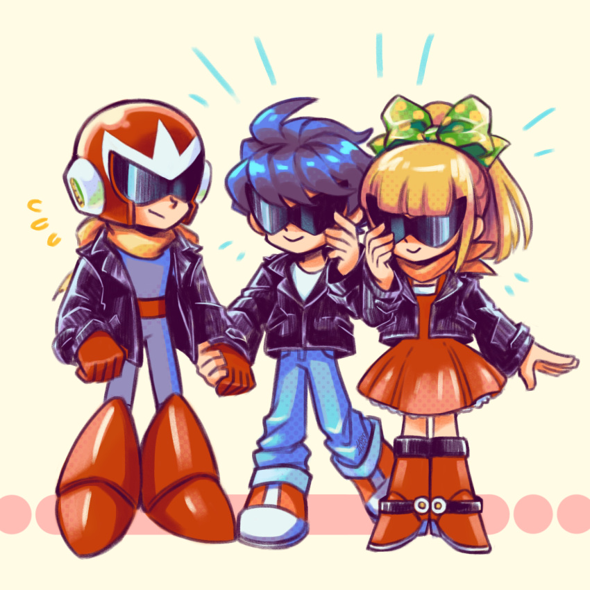 1girl 2boys black_hair black_jacket blonde_hair blunt_bangs boots bow closed_mouth dress flying_sweatdrops green_bow hair_bow highres jacket laser-lance looking_at_another mega_man_(character) mega_man_(classic) mega_man_(series) multiple_boys polka_dot polka_dot_bow proto_man red_dress red_footwear roll_(mega_man) short_hair short_ponytail smile sunglasses