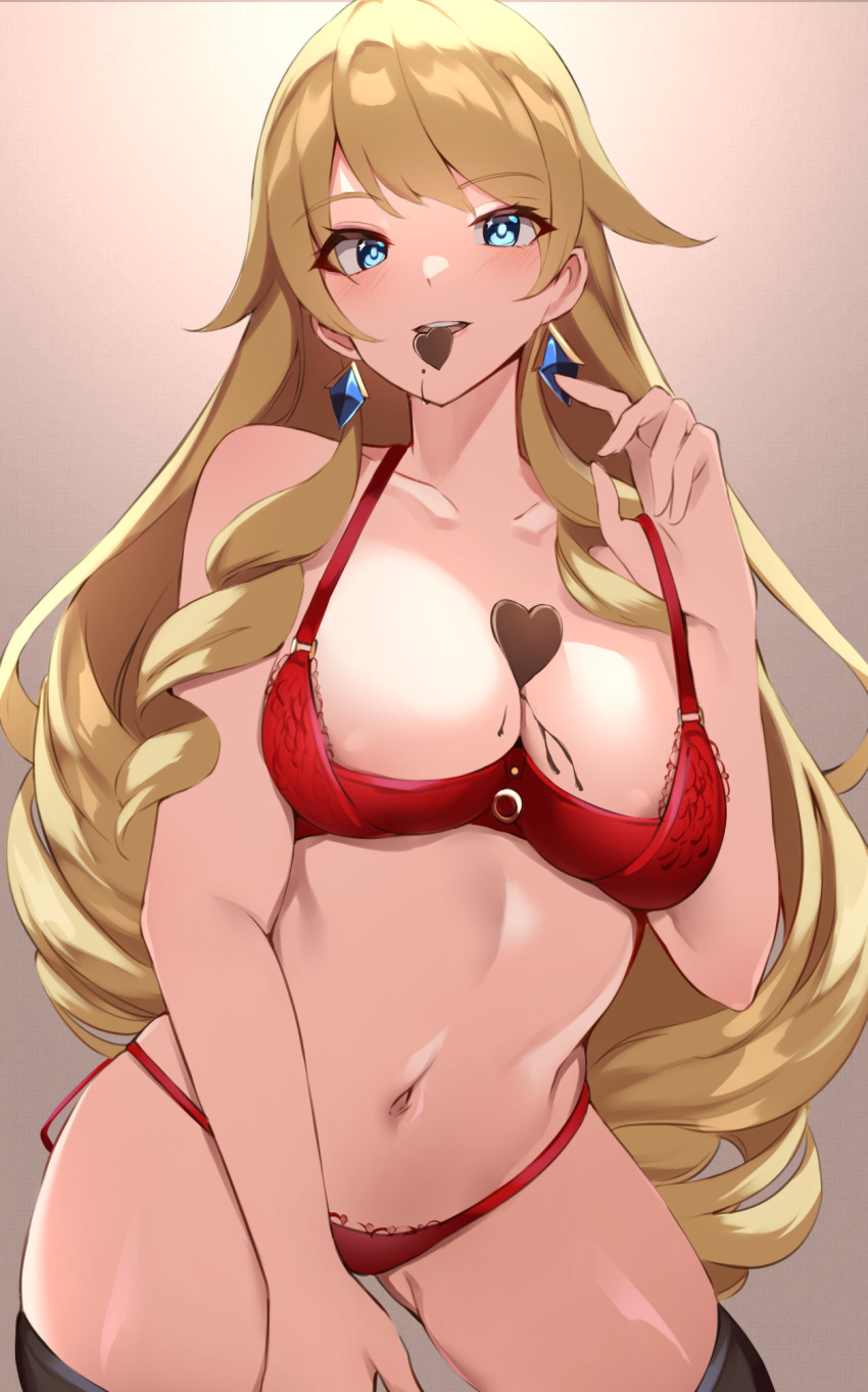 1girl bare_shoulders blonde_hair blue_eyes blush bra breasts candy chocolate cleavage collarbone drill_hair drill_sidelocks earrings food genshin_impact haneramu heart heart-shaped_chocolate highres jewelry large_breasts long_hair looking_at_viewer mouth_hold navel navia_(genshin_impact) panties red_bra red_panties sidelocks smile solo thighs underwear