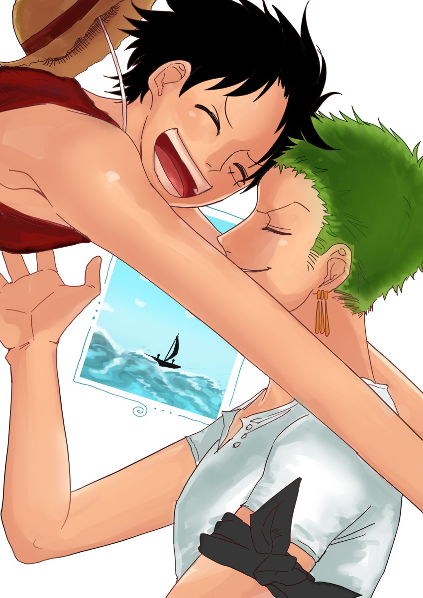 2boys bandana bandana_around_arm black_bandana black_eyes black_hair closed_eyes couple earrings green_hair haramaki hat hat_on_back highres imminent_hug jewelry male_focus monkey_d._luffy multiple_boys one_piece roronoa_zoro sashimi0111 scar scar_on_cheek scar_on_face short_hair sideburns simple_background single_earring smile straw_hat upper_body white_background yaoi