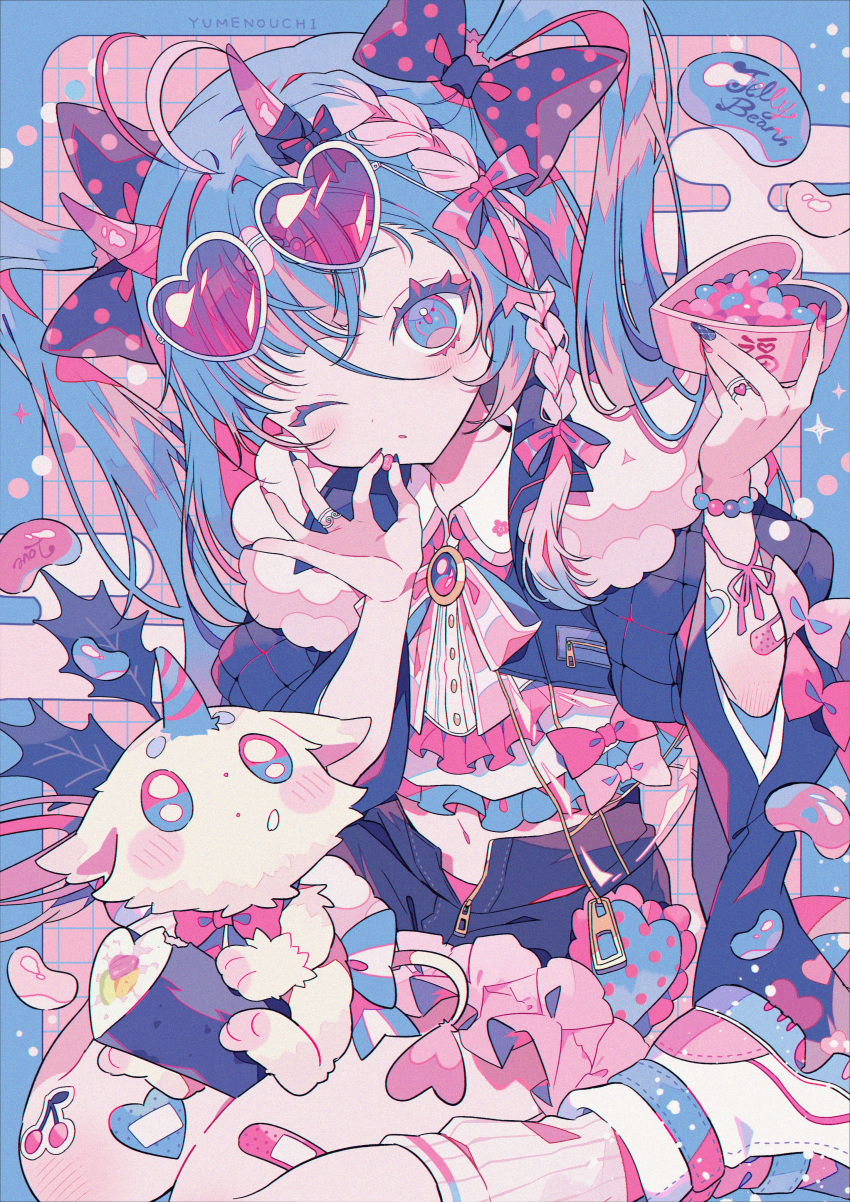 1girl absurdres blue_eyes blue_hair blue_nails bow candy food hair_bow heart heart-shaped_eyewear highres horns jelly_bean multicolored_clothes multicolored_eyes multicolored_hair multicolored_nails multiple_hair_bows original pastel_colors pink_hair pink_nails ribbon solo sushi yumenouchi_chiharu