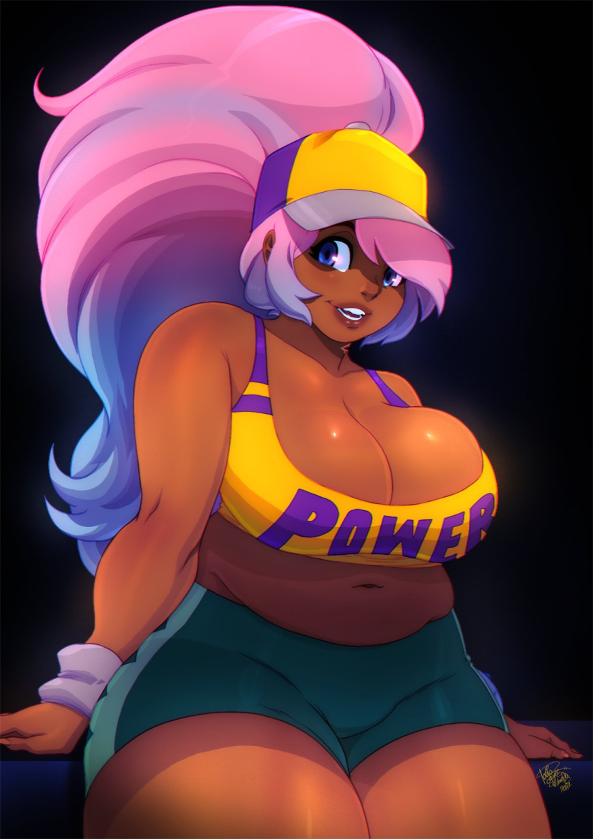 1girl black_background blue_eyes blue_hair breasts cleavage clothes_writing commentary commission crop_top dark-skinned_female dark_skin english_commentary highres large_breasts ming-ming multicolored_hair original pink_hair plump shorts smile solo sports_bra sweatband thick_thighs thighs tovio_rogers two-tone_hair