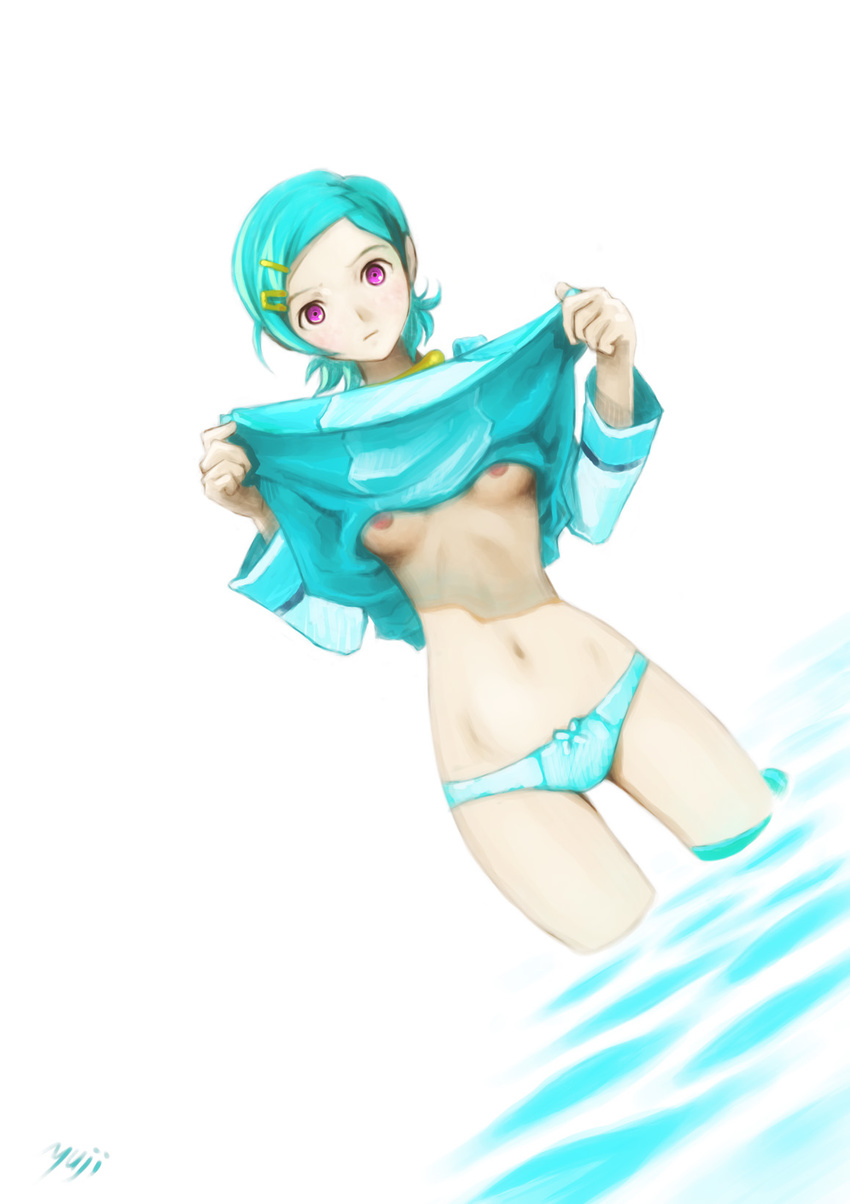 blue_panties bow bow_panties breasts eureka eureka_seven eureka_seven_(series) highres kobayashi_yuuji lingerie long_sleeves medium_breasts no_bra panties skirt skirt_lift solo standing underwear water