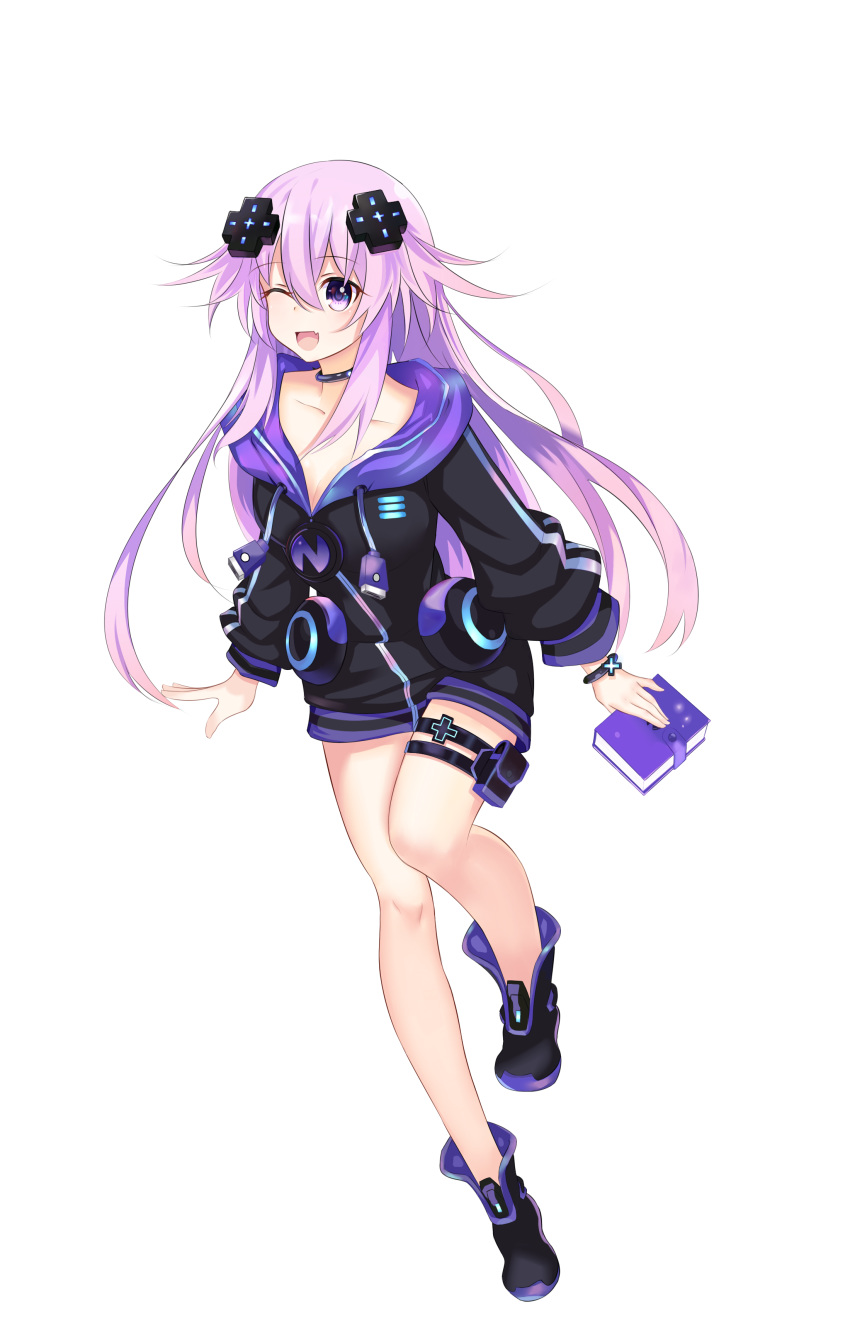 1girl ;d absurdres adult_neptune bare_legs black_choker book boots breasts choker cleavage collarbone d-pad d-pad_hair_ornament fang hair_between_eyes hair_ornament highres holding holding_book holster hood hooded_jacket jacket leg_up legs long_hair looking_at_viewer medium_breasts neptune_(series) one_eye_closed open_mouth purple_eyes purple_hair shin_jigen_game_neptune_vii simple_background smile solo thigh_strap usb very_long_hair white_background xiaoyu_chiaki