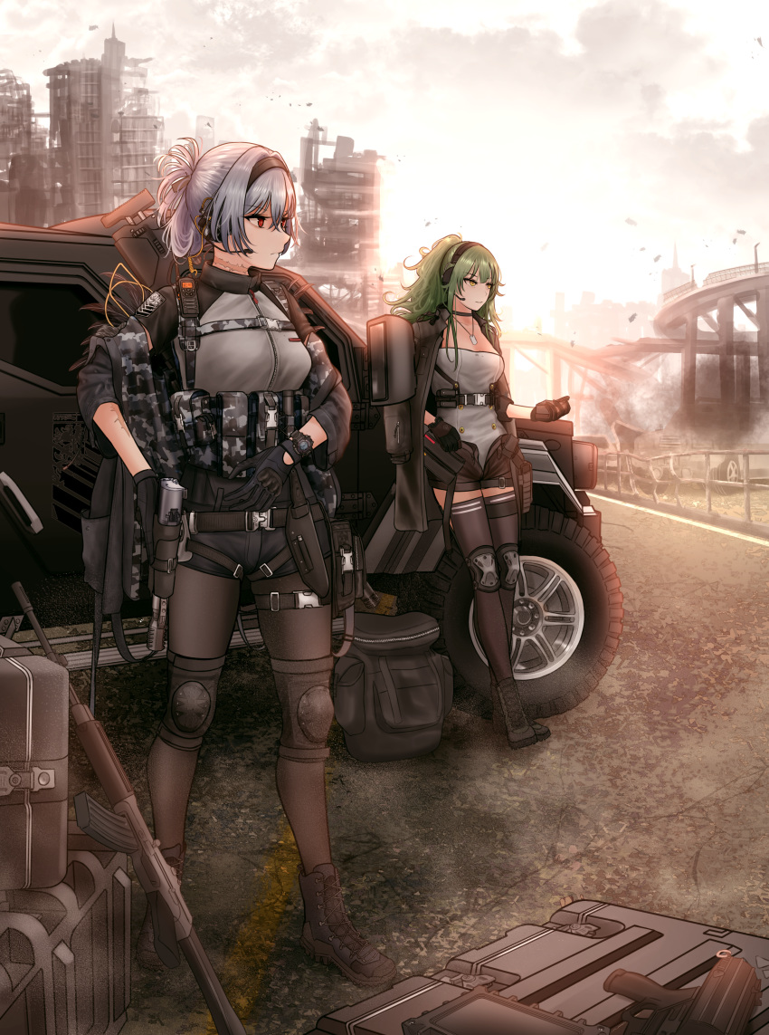 absurdres ammunition_pouch assault_rifle bangs black_gloves black_hairband black_jacket black_legwear black_shorts breasts collared_shirt commentary_request day eyebrows_visible_through_hair folded_ponytail girls_frontline gloves green_hair ground_vehicle gun hair_between_eyes hairband headset highres holding holding_gun holding_weapon huge_filesize jacket jacket_on_shoulders knee_pads load_bearing_equipment long_hair long_sleeves looking_afar m950a_(girls_frontline) medium_breasts messy_hair military military_vehicle motor_vehicle multiple_girls multiple_straps neck_scar off_shoulder open_clothes open_mouth open_shorts outdoors pantyhose pouch red_eyes rifle ruins scar shirt short_shorts shorts sidelocks smile smoke testame thunder_(girls_frontline) triple_action_thunder unbuttoned_pants weapon yellow_eyes