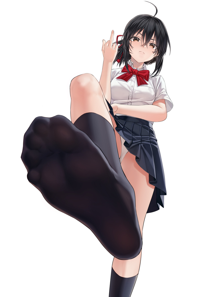 1girl absurdres ahoge black_hair black_skirt bow breasts brown_eyes closed_mouth collared_shirt commentary_request foot_out_of_frame frown hair_between_eyes hair_ribbon highres kimi_no_na_wa. middle_finger miyamizu_mitsuha no_shoes panties pleated_skirt red_bow ribbon shirt short_hair short_sleeves simple_background skirt small_breasts soles solo standing standing_on_one_leg toenails toes underwear white_background white_panties xo_(xo17800108)