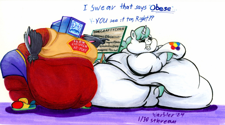 absurd_res anthro canid canine craftycorn duo equid equine female fox hi_res horse ill-fitting_clothes male mammal morbidly_obese morbidly_obese_anthro morbidly_obese_female morbidly_obese_male obese obese_anthro obese_female obese_male overweight overweight_anthro overweight_female overweight_male pony pyrocynical sign tagme yellow-throated_warbler_(artist)