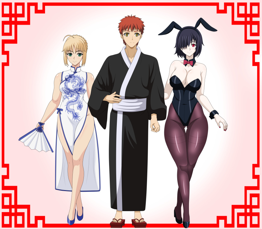 1boy 2girls absurdres ahoge animal_ears artoria_pendragon_(fate) black_hair black_leotard blonde_hair braid braided_bun breasts china_dress chinese_clothes cleavage commentary commission detached_collar dress emiya_shirou english_commentary fake_animal_ears fate/stay_night fate_(series) green_eyes hair_bun hair_over_one_eye hair_ribbon hand_fan highres holding holding_fan japanese_clothes large_breasts leotard looking_at_viewer multiple_girls one_eye_covered pantyhose playboy_bunny ponytail rabbit_ears red_eyes red_hair reiichi_543448 ribbon saber_(fate) short_hair sidelocks single_hair_bun strapless strapless_leotard tachie_(fate) yellow_eyes