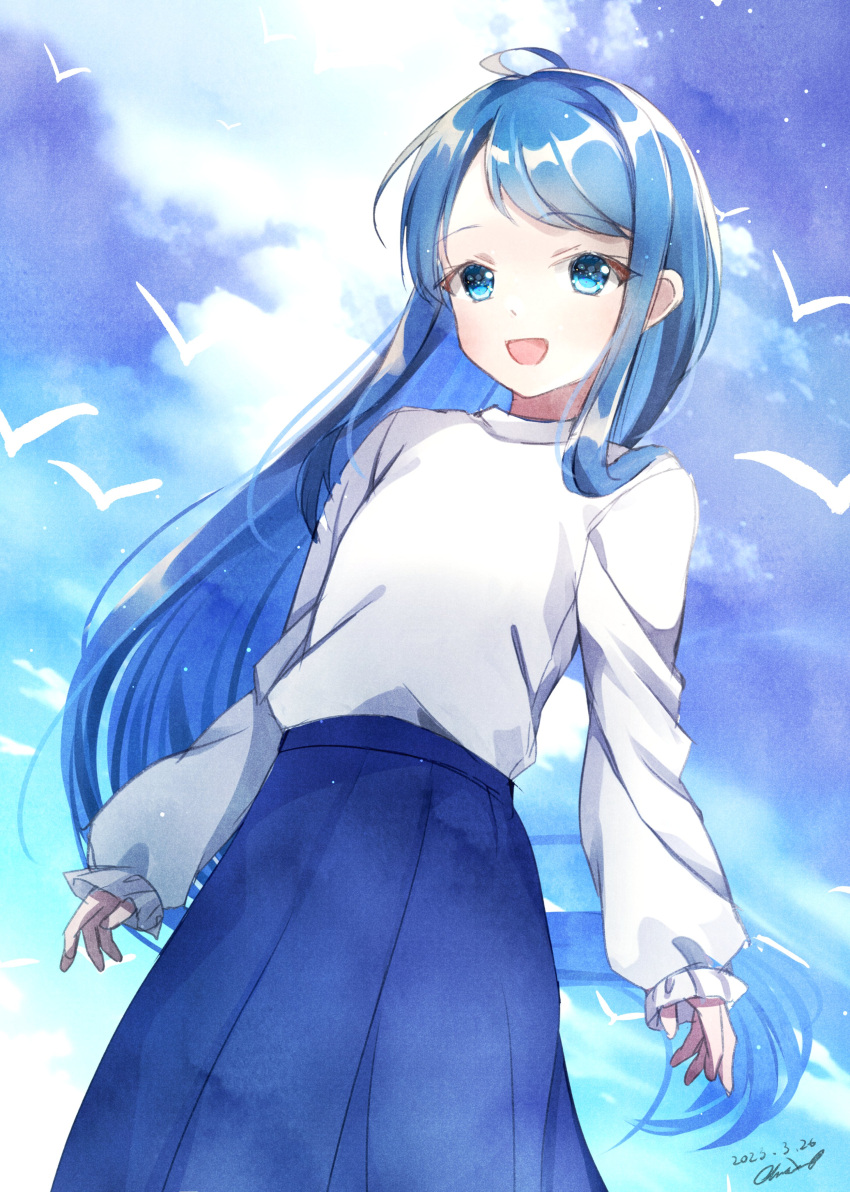 1girl :d absurdres alternate_costume bird blue_eyes blue_hair blue_skirt blue_sky chisamikan dated highres kantai_collection long_hair long_sleeves looking_at_viewer outdoors samidare_(kancolle) seagull shirt skirt sky smile solo standing very_long_hair white_shirt