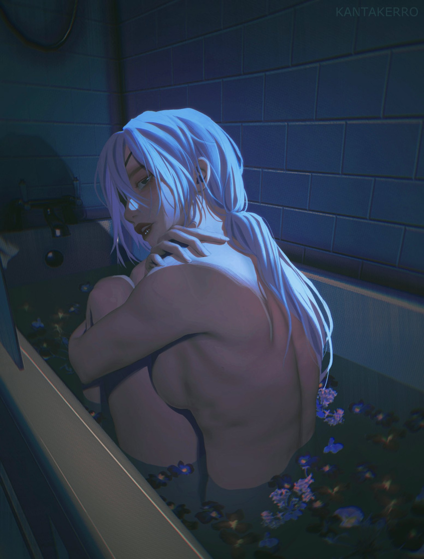 1girl artist_name bathing bathroom bathtub braid breasts chainsaw_man eyepatch flower hands_on_own_shoulders highres kantakerro large_breasts lipstick looking_at_viewer makeup nude quanxi_(chainsaw_man) red_lips solo white_hair
