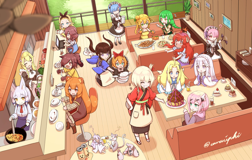 ! 6+girls ? ahoge alcohol animal_ear_fluff animal_ears awaiyuhi baku_(creature) bar_stool bare_shoulders beer beer_can black_hairband black_ribbon blonde_hair blue_bow blue_eyes blue_hair blunt_bangs blush bone booth_seating bottle bow bow_hairband braid brown_eyes brown_hair cake cake_slice can carrot cat ceiling_fan chiyoda_momo closed_eyes closed_mouth commentary_request computer cooking counter crossover crown_braid cup curled_horns cutting cutting_board demon_girl demon_horns demon_tail detached_sleeves dress drink drink_can drinking_glass drinking_straw elf emilia_(re:zero) falling fang filo_(tate_no_yuusha_no_nariagari) fish_bone flower food food-themed_hair_ornament fork fox_ears fox_girl frederica_baumann frills fruit frying_pan green_eyes green_hair green_ribbon grey_hair hair_between_eyes hair_bun hair_flower hair_ornament hair_over_one_eye hair_ribbon hairband hairclip heart heart_tail highres hinatsuki_mikan holding holding_fork holding_frying_pan holding_knife horns inoue_takina kitchen_knife knife kurumi_(lycoris_recoil) laptop layered_sleeves lilith_(machikado_mazoku) long_hair long_sleeves lycoris_recoil machikado_mazoku maid maid_headdress multiple_crossover multiple_girls nishikigi_chisato open_mouth orange_(fruit) orange_hair parted_bangs peach_hair_ornament petra_leyte pink_eyes pink_hair pink_ribbon pizza plate pointy_ears puck_(re:zero) purple_eyes purple_ribbon raccoon_ears raccoon_girl raccoon_tail ram_(re:zero) raphtalia re:zero_kara_hajimeru_isekai_seikatsu red_eyes red_hairband red_ribbon rem_(re:zero) restaurant ribbon ribbon-trimmed_clothes ribbon_trim riko_(machikado_mazoku) rishia_ivyred rose roswaal_mansion_maid_uniform sake sake_bottle sharp_teeth short_hair short_over_long_sleeves short_sleeves siblings single_hair_bun single_side_bun sisters sitting skin_fang smile standing stool table tail tate_no_yuusha_no_nariagari teeth thick_eyebrows twin_braids twins ugallu_(machikado_mazoku) very_long_hair white_dress white_flower white_hair white_rose white_wings wings x_hair_ornament yellow_eyes yoshida_ryouko yoshida_yuuko_(machikado_mazoku)