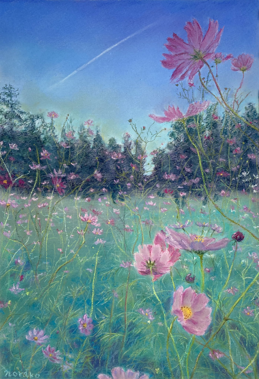 flower forest grass highres nature no_humans norako_pastel original painting_(medium) pine_tree pink_flower realistic scenery traditional_media tree