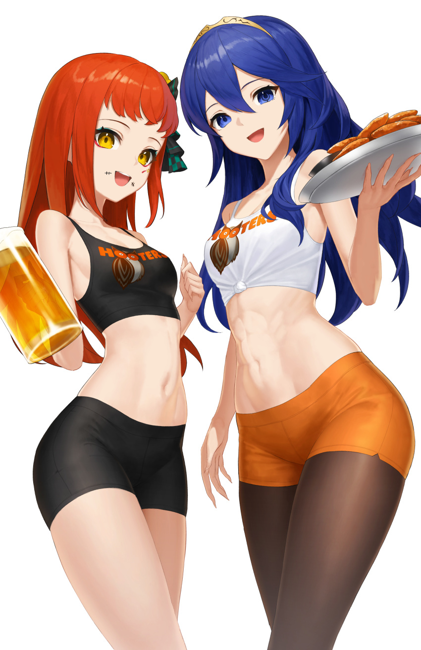 2girls absurdres aqua_eyeshadow bare_shoulders beer_mug blue_eyes blue_hair chicken_(food) chicken_wing commission commissioner_upload cup dhokidoki eyeliner eyeshadow facial_mark fire_emblem fire_emblem_awakening fire_emblem_engage food hair_between_eyes highres holding holding_cup holding_plate hooters lucina_(fire_emblem) makeup midriff mug multiple_girls navel non-web_source open_mouth orange_hair panette_(fire_emblem) plate red_eyeliner short_bangs stitched_mouth stitches tiara transparent_background yellow_eyes