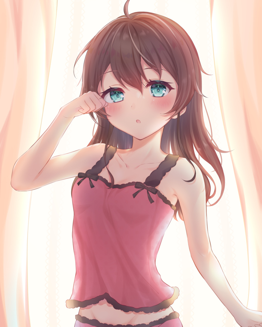 1girl absurdres ahoge alternate_hairstyle backlighting blue_eyes blush breasts brown_hair camisole chemise cleavage clenched_hand collarbone commentary cowboy_shot curtains eyebrows_visible_through_hair eyelashes groin hair_between_eyes hair_down highres hololive long_hair looking_at_viewer natsuiro_matsuri open_mouth pink_camisole rubbing_eyes sleepwear sleeveless small_breasts solo sunlight virtual_youtuber window zky_(oekaky)