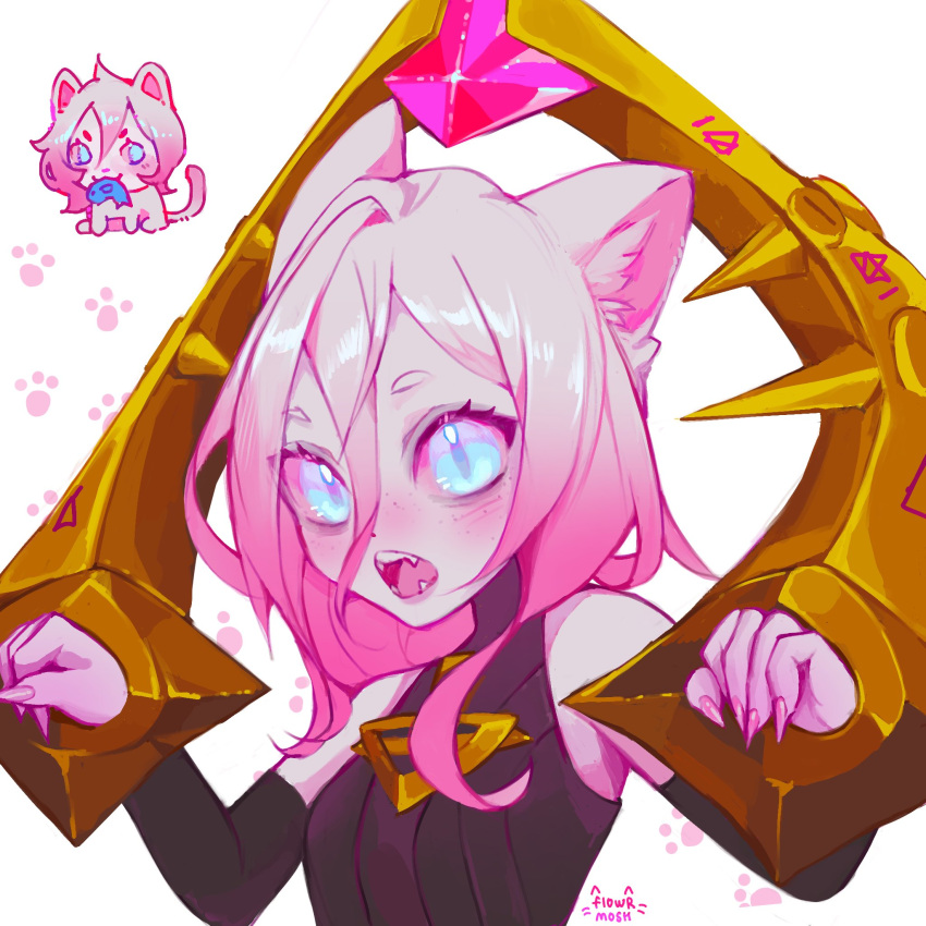 1girl animal animal_ears animalization bare_shoulders black_shirt black_sleeves blue_eyes blush breasts briar_(league_of_legends) cat cat_ears cat_girl detached_sleeves fangs freckles grey_hair hair_between_eyes highres knol_(flowrmosh) league_of_legends multiple_views pink_hair shirt small_breasts teeth upper_body white_background