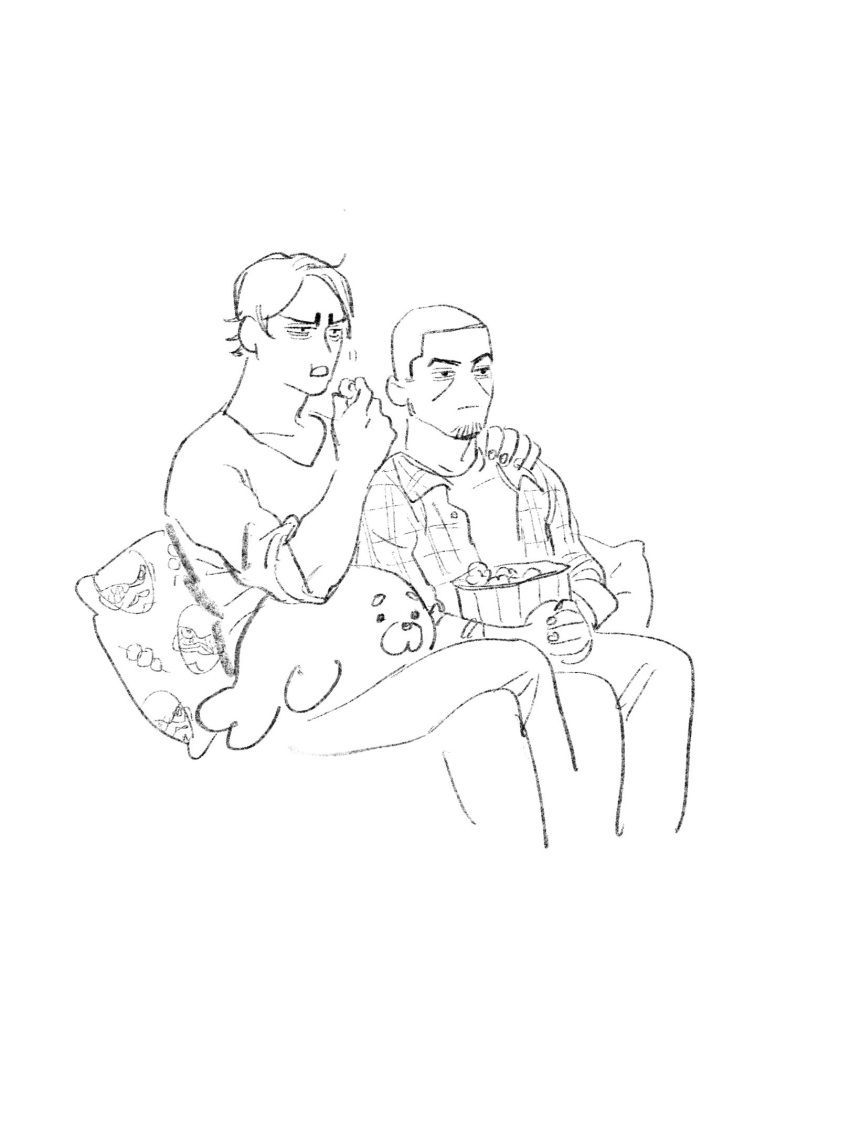 2boys arm_around_shoulder character_print chengongzi123 closed_mouth couple crossed_legs eating facial_hair feet_out_of_frame food goatee_stubble golden_kamuy hand_up highres holding holding_food invisible_chair koito_otonoshin lineart looking_to_the_side male_focus multiple_boys open_mouth pillow plaid popcorn short_hair simple_background sitting stubble stuffed_animal stuffed_seal stuffed_toy tsukishima_hajime tsurumi_tokushirou very_short_hair white_background yaoi