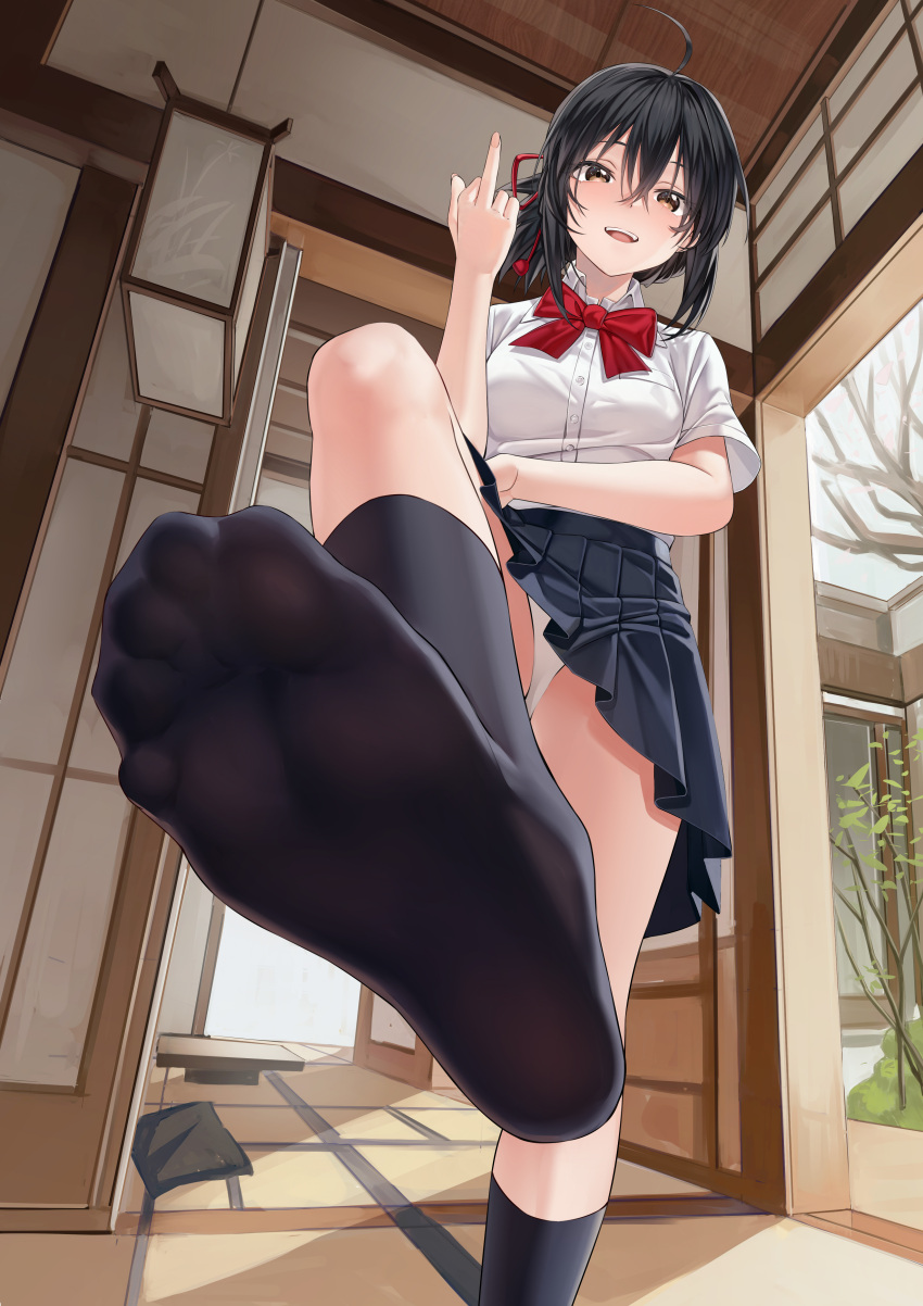 1girl absurdres ahoge black_hair black_skirt black_socks bow breasts brown_eyes collared_shirt commentary_request foot_out_of_frame hair_between_eyes hair_ribbon highres indoors kimi_no_na_wa. middle_finger miyamizu_mitsuha no_shoes open_mouth panties pleated_skirt red_bow ribbon shirt short_hair short_sleeves skirt small_breasts smile socks soles solo standing standing_on_one_leg toenails toes underwear white_panties xo_(xo17800108)