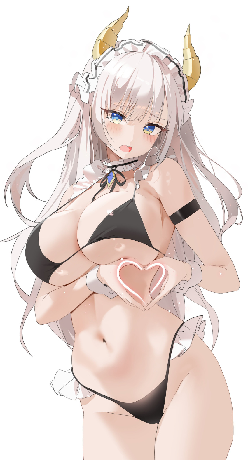 1girl absurdres armband bikini black_armband black_bra black_panties black_ribbon blue_eyes blush bra choyeon detached_collar diamond_(shape) dot_nose heart heart_hands highres horns iana_ignosis long_hair looking_at_viewer maid_headdress navel panties ribbon simple_background solo standing stomach swimsuit underwear upper_body v-lup virtual_youtuber white_background white_hair yellow_horns