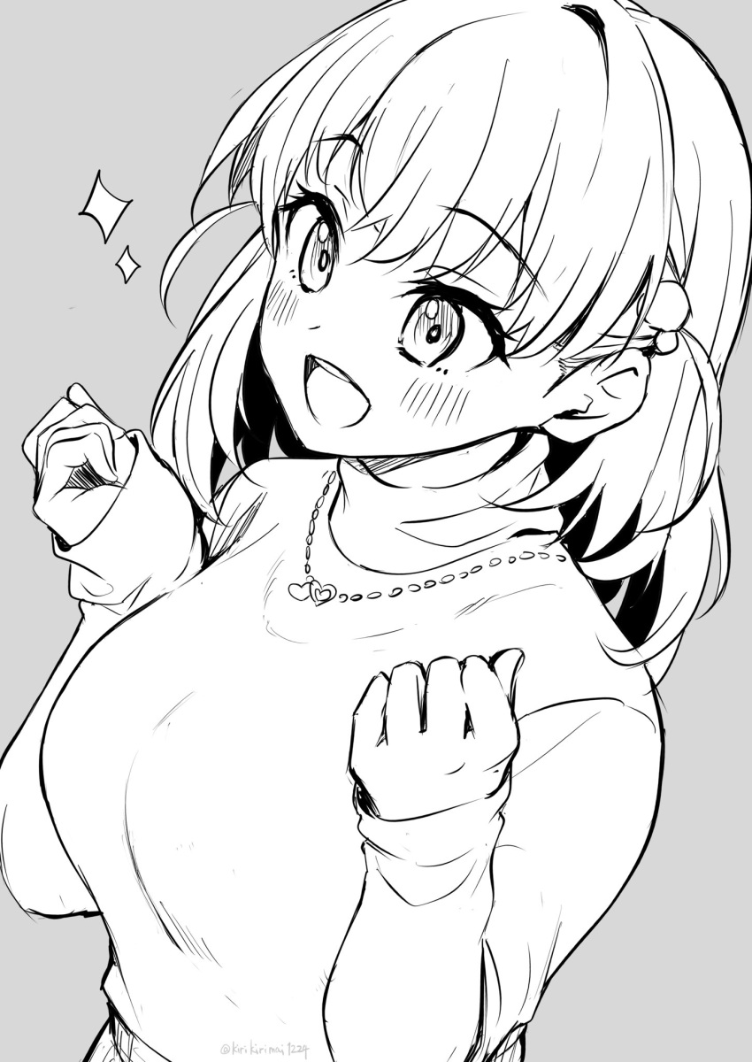 1girl :d blush clenched_hands commentary_request crossed_bangs hair_ornament heart heart_necklace highres hinoshita_kaho jewelry kirikirimai_(kkm) lineart link!_like!_love_live! long_sleeves love_live! medium_hair monochrome necklace open_mouth sleeves_past_wrists smile solo sparkle sweater teeth turtleneck turtleneck_sweater upper_body upper_teeth_only