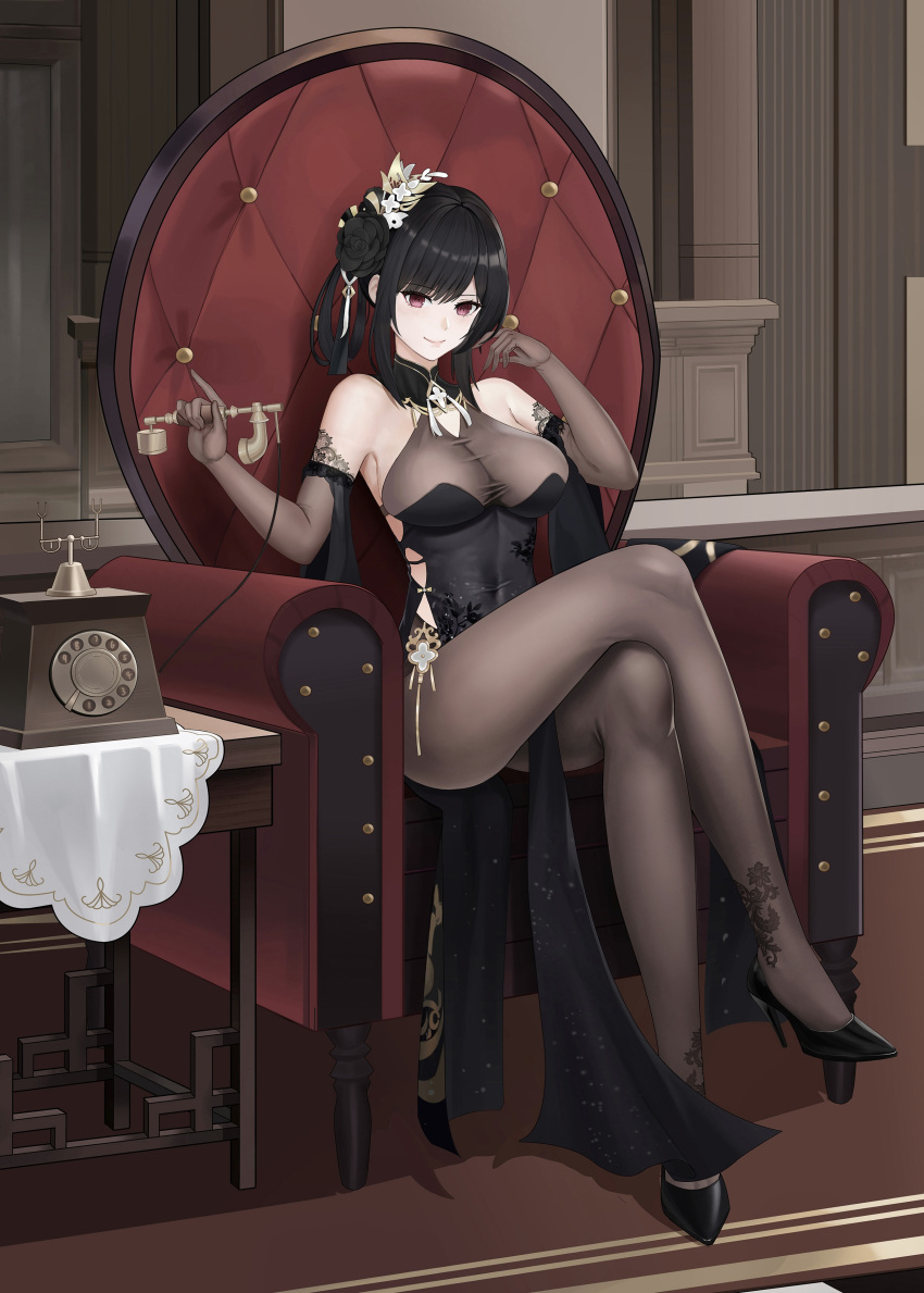 1girl absurdres antique_phone azur_lane black_hair bodystocking breasts chen_hai_(azur_lane) chen_hai_(vestibule_of_wonders)_(azur_lane) chimen china_dress chinese_clothes cleavage crossed_legs dress elbow_gloves full_body gloves hair_ornament highres holding holding_phone large_breasts official_alternate_costume pantyhose phone rotary_phone see-through see-through_cleavage