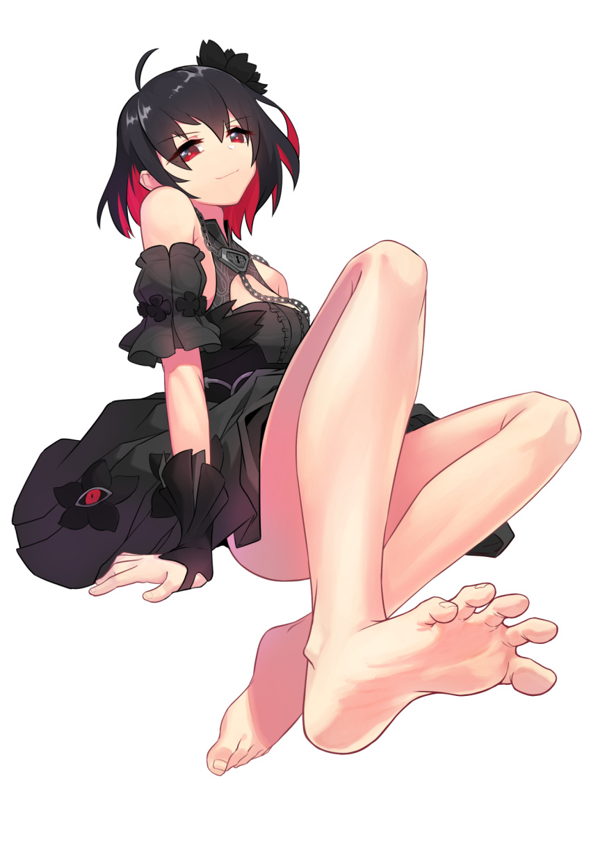 1girl ahoge arka91 arm_support armpit_crease bare_shoulders barefoot black_dress black_flower black_hair breasts chain closed_mouth colored_inner_hair commentary_request convenient_leg detached_sleeves dress eyelashes feet flower foot_focus full_body hair_flower hair_ornament highres honkai_(series) honkai_impact_3rd knees_up korean_commentary legs medium_breasts medium_hair multicolored_hair red_eyes red_hair seele_vollerei short_sleeves simple_background soles solo spread_toes toenails toes two-tone_hair white_background