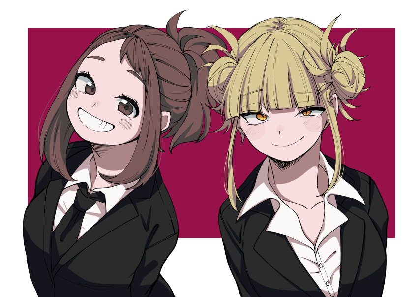 2girls black_jacket black_necktie blonde_hair blunt_bangs blush boku_no_hero_academia brown_eyes brown_hair collared_shirt double_bun grin hair_bun highres jacket looking_at_viewer multiple_girls necktie orange_eyes ponytail shirt sidelocks simple_background smile toga_himiko tongu_11 two-tone_background upper_body uraraka_ochako white_shirt