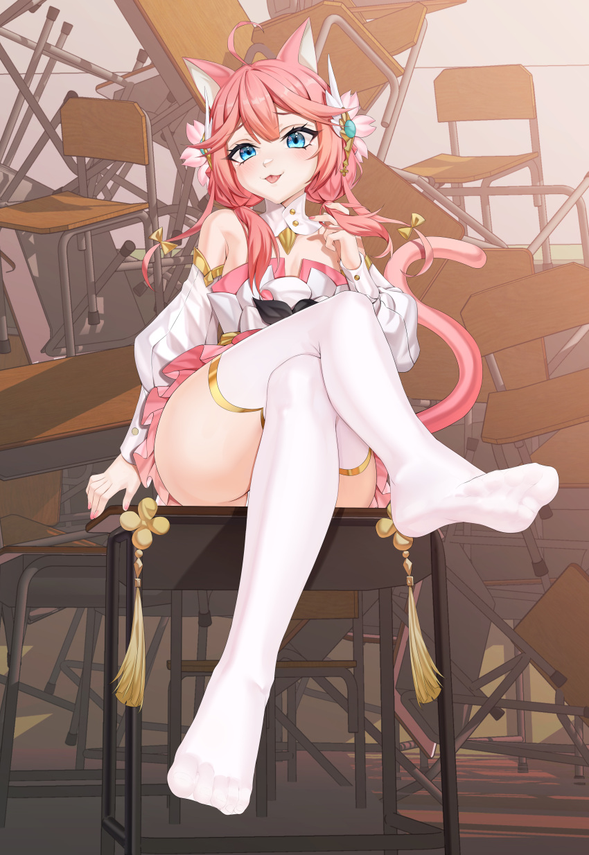1girl absurdres animal_ears bare_legs barefoot blue_eyes breasts cat_ears cat_tail chair chinese_commentary classroom closed_mouth commentary_request convenient_leg crossed_legs desk detached_collar detached_sleeves dress eyelashes feet foot_focus foreshortening frilled_dress frills hair_ornament hand_up highres indie_virtual_youtuber indoors leaning_back legs long_hair looking_at_viewer nail_polish on_desk pink_dress pink_hair pink_nails sakurada_hane school_chair school_desk shadow shiny_skin short_dress sidelocks sitting small_breasts soles solo tail thighs toenail_polish toenails toes variant_set virtual_youtuber xo_(xo17800108)