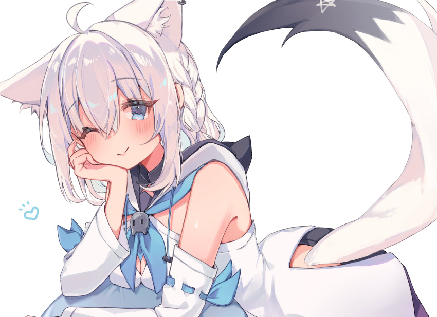 1girl absurdres ahoge animal_ear_fluff animal_ears ao_kotoha black_shorts blue_eyes blue_neckerchief blush braid breasts cleavage commentary detached_sleeves drawstring earrings extra_ears fox_ears fox_girl fox_tail front_slit hair_between_eyes hand_on_own_cheek hand_on_own_face head_rest heart highres hololive hood hoodie jewelry long_hair long_sleeves neckerchief one_eye_closed pentagram shirakami_fubuki shirakami_fubuki_(1st_costume) shorts side_braid sidelocks simple_background single_earring smile solo tail virtual_youtuber white_background white_hair white_hoodie white_sleeves wide_sleeves