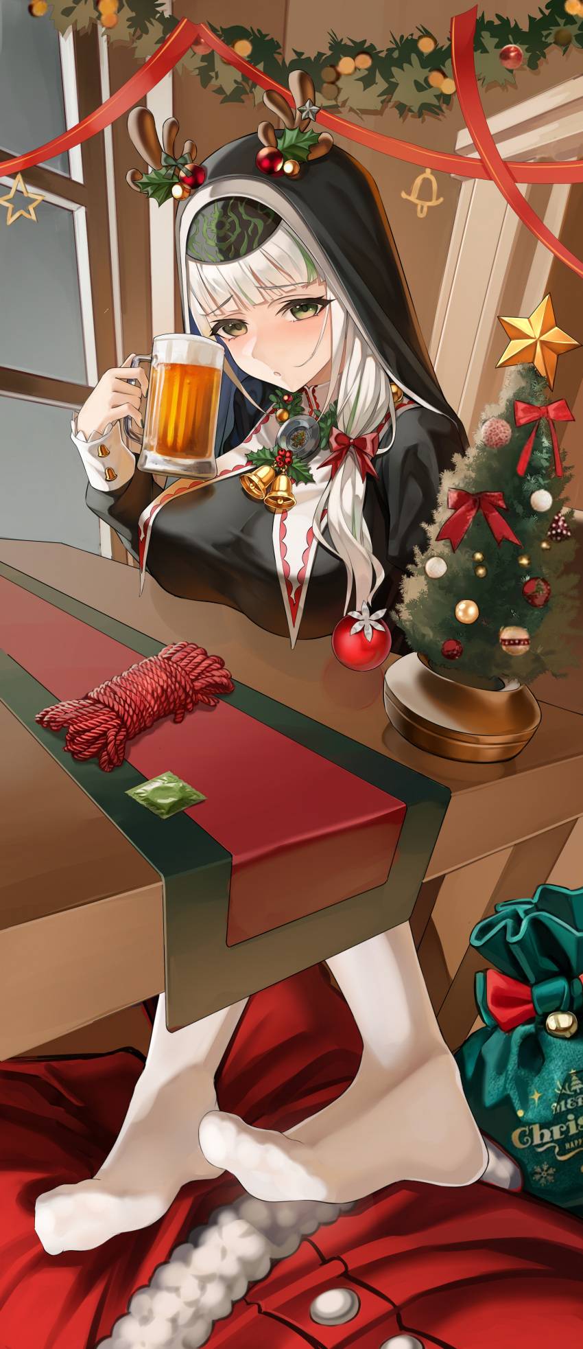 1girl 1other absurdres alcohol beer beer_mug blush breasts christmas_ornaments closed_mouth commentary_request condom cup doorway fake_antlers feet green_eyes grey_hair habit highres holding holding_cup indoors large_breasts long_hair mini_christmas_tree mug no_shoes nun original pantyhose parasister_(vtuber) ribbon rope santa_costume soles solo_focus star_(symbol) table toes very_long_hair virtual_youtuber white_pantyhose windowsill xo_(xo17800108)