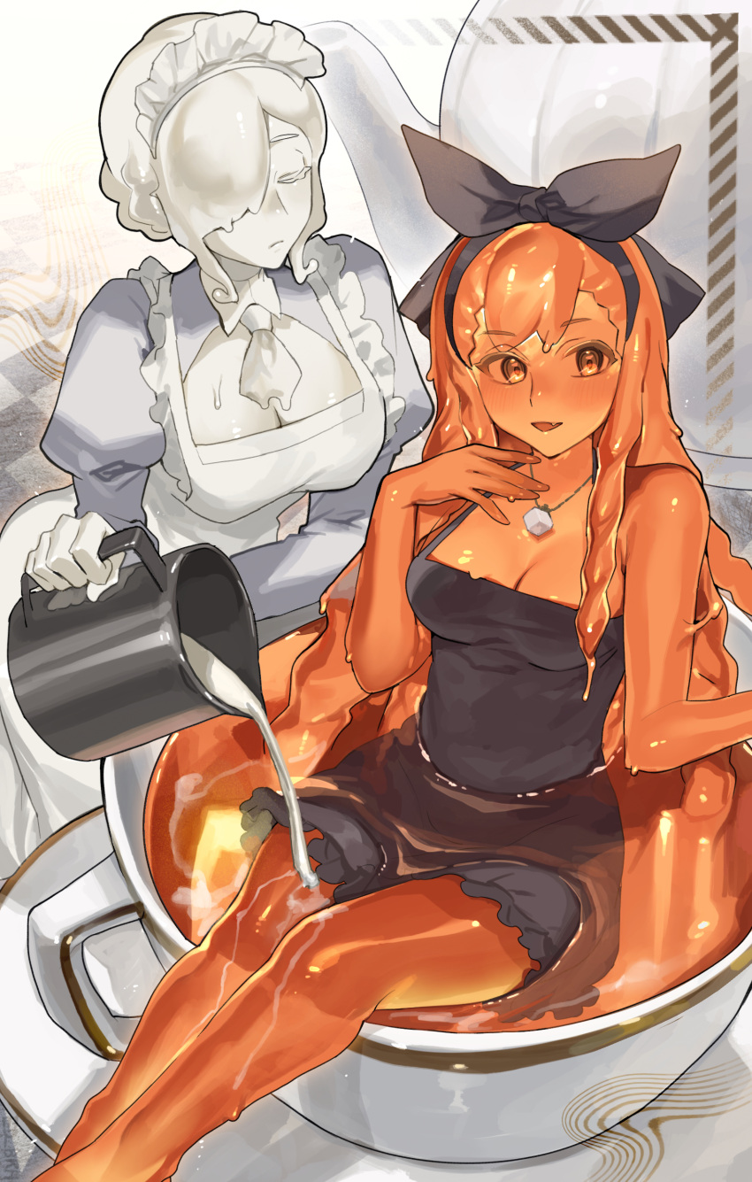 2girls absurdres black_dress bow breasts cleavage cleavage_cutout closed_eyes clothing_cutout colored_skin commentary cup dress feet_out_of_frame hair_bow hair_over_one_eye highres in_container in_cup jewelry juliet_sleeves long_sleeves maid medium_breasts milk monster_girl multiple_girls necklace orange_eyes orange_skin original pouring pouring_onto_another puffy_sleeves red_hair red_skin sakoku_(oyatsu3ji_) slime_girl symbol-only_commentary tea teacup teapot white_hair white_skin