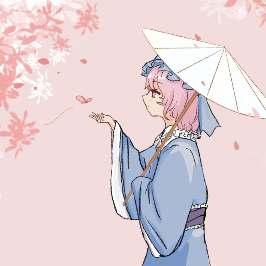 1girl blue_headwear blue_kimono from_side highres holding holding_umbrella japanese_clothes kimono long_sleeves oil-paper_umbrella pink_background pink_hair saigyouji_yuyuko sash short_hair simple_background solo synokp touhou umbrella upper_body white_umbrella wide_sleeves