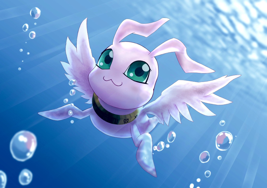 air_bubble antennae bubble digimon digimon_(creature) green_eyes highres holy_ring marinangemon no_humans ri_yo_c solo underwater white_wings wings