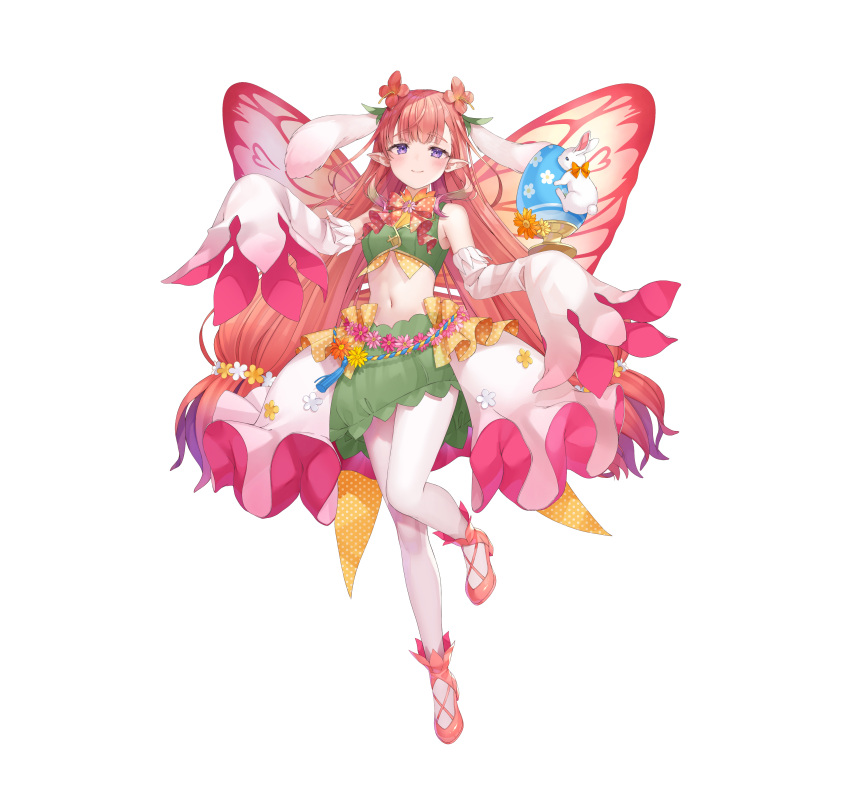 1girl absurdres animal_ears bare_shoulders breasts cleavage commentary_request crop_top fairy fairy_wings fake_animal_ears fire_emblem fire_emblem_heroes flower green_skirt hair_flower hair_ornament highres long_hair long_sleeves looking_at_viewer midriff mirabilis_(fire_emblem) mirabilis_(spring)_(fire_emblem) navel official_alternate_costume official_art pantyhose pink_footwear pink_hair pointy_ears rabbit_ears sakura_shiori simple_background skirt sleeves_past_fingers sleeves_past_wrists smile solo tachi-e very_long_sleeves white_background white_pantyhose wings