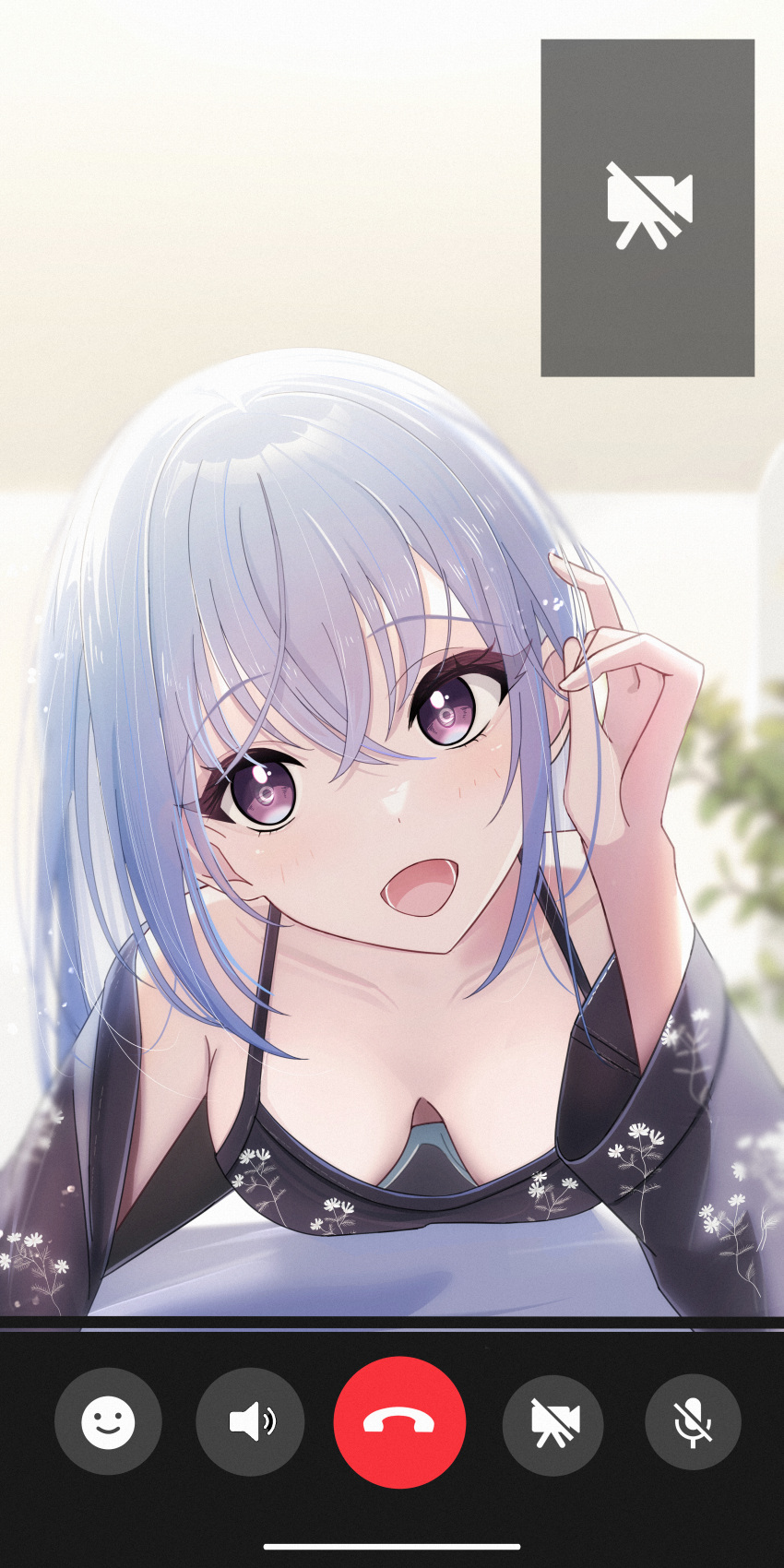 1girl absurdres bare_shoulders black_shirt blue_hair blush breasts cellphone cleavage detached_sleeves floral_print highres idolmaster idolmaster_shiny_colors indoors long_hair looking_at_viewer medium_breasts open_mouth phone purple_eyes shirt sikimosh smartphone smile solo suzuki_hana user_interface video_call