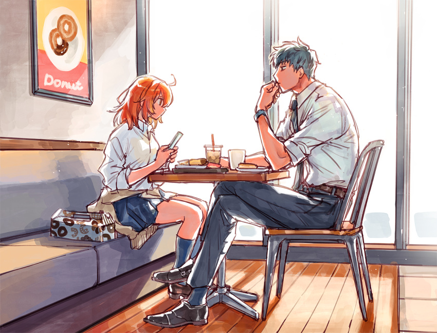 1boy 1girl ahoge alternate_costume belt black_footwear blue_skirt blue_socks brown_belt brown_footwear brown_sweater cellphone chair closed_mouth clothes_around_waist collared_shirt couch cup disposable_cup doughnut drinking_straw elbow_on_table elbow_rest english_text fate/grand_order fate_(series) food fujimaru_ritsuka_(female) grey_hair grey_necktie grey_pants hair_between_eyes hair_down highres holding holding_phone indoors kneehighs loafers looking_ahead looking_at_another medium_hair necktie on_chair on_couch orange_eyes orange_hair pants pastry_box phone plate pleated_skirt saitou_hajime_(fate) shirt shoes short_hair sitting skirt sleeves_past_elbows sleeves_rolled_up smartphone socks sweater sweater_around_waist table uni_(nico02) watch white_shirt window wristwatch yellow_eyes