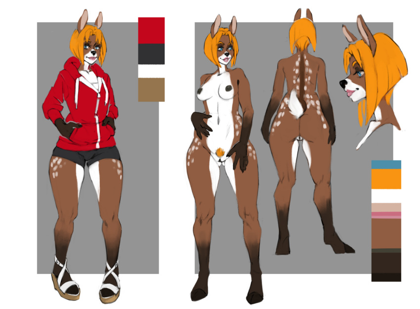 2020 anthro applebottom_family black_nose blue_eyes bottomwear breasts brown_body brown_fur brown_nipples butt cervid cervine clothing color_swatch didihell female footwear front_view fur genitals gwen_applebottom hair hi_res hollandworks hoodie hooves lips looking_at_viewer mammal model_sheet nails navel nipples orange_hair pink_lips pubes pussy rear_view sandals short_hair shorts smile solo spots topwear white_body white_fur