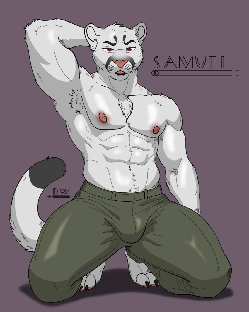 anthro clothed clothing delta_dewitt digital_media_(artwork) echo_(series) echo_project felid feline fur grey_body hi_res male mammal muscular muscular_male nipples samuel_ayers simple_background smile solo tail the_smoke_room white_body white_fur