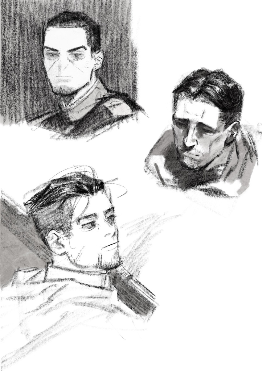 3boys chengongzi123 closed_mouth facial_hair goatee goatee_stubble golden_kamuy greyscale highres looking_at_viewer looking_to_the_side male_focus monochrome multiple_boys mustache_stubble ogata_hyakunosuke portrait scar scar_on_cheek scar_on_face short_hair simple_background stubble tsukishima_hajime undercut ushiyama_tatsuma very_short_hair white_background